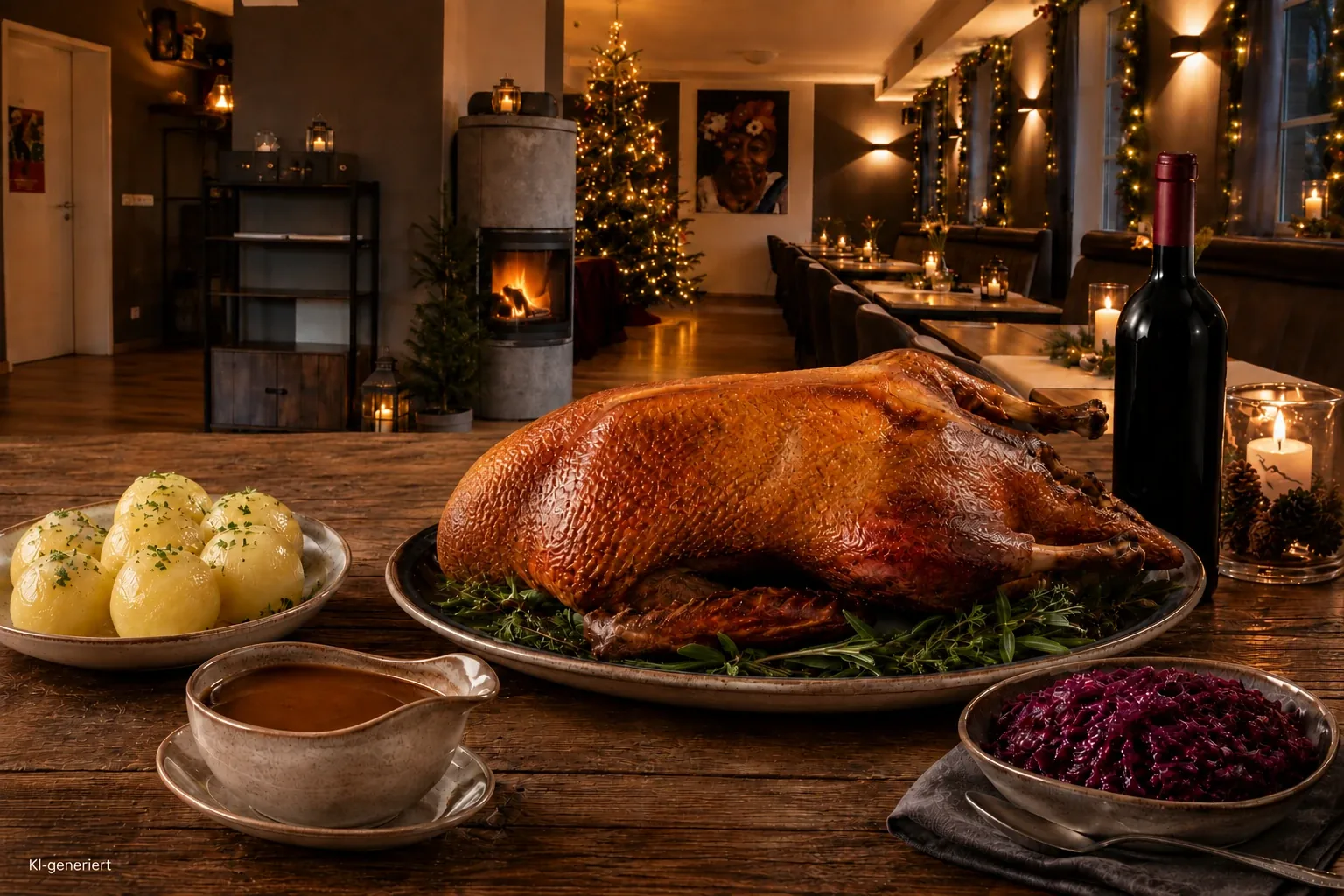 Gebratene ganze Gans mit Klößen, Rotkohl und Grünkohl