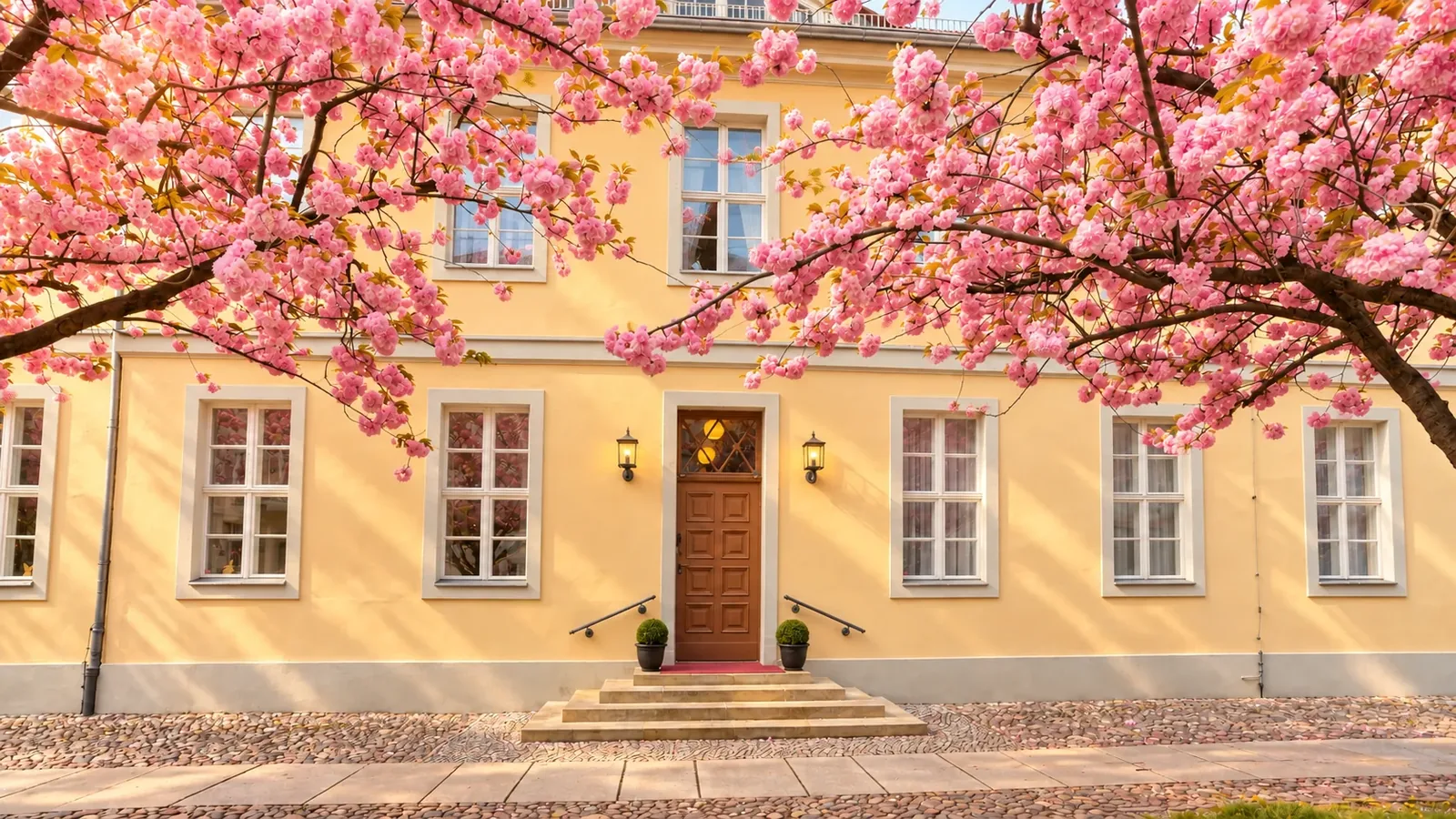 Hotel am Großen Waisenhaus hinter blühenden Kirschbäumen